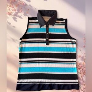 True vintage black blue & white striped polo shirt